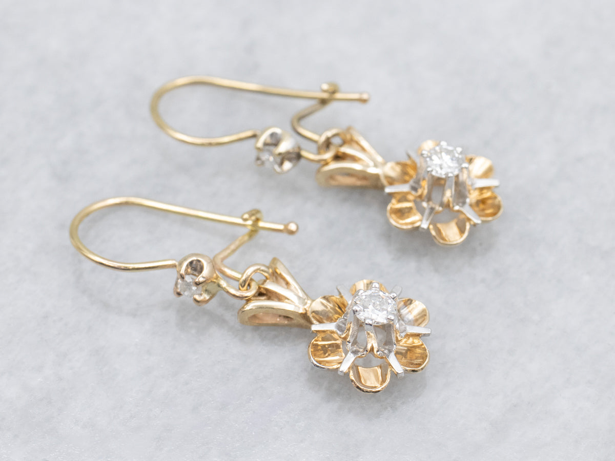 Two Tone Buttercup Set Diamond Drop Earrings