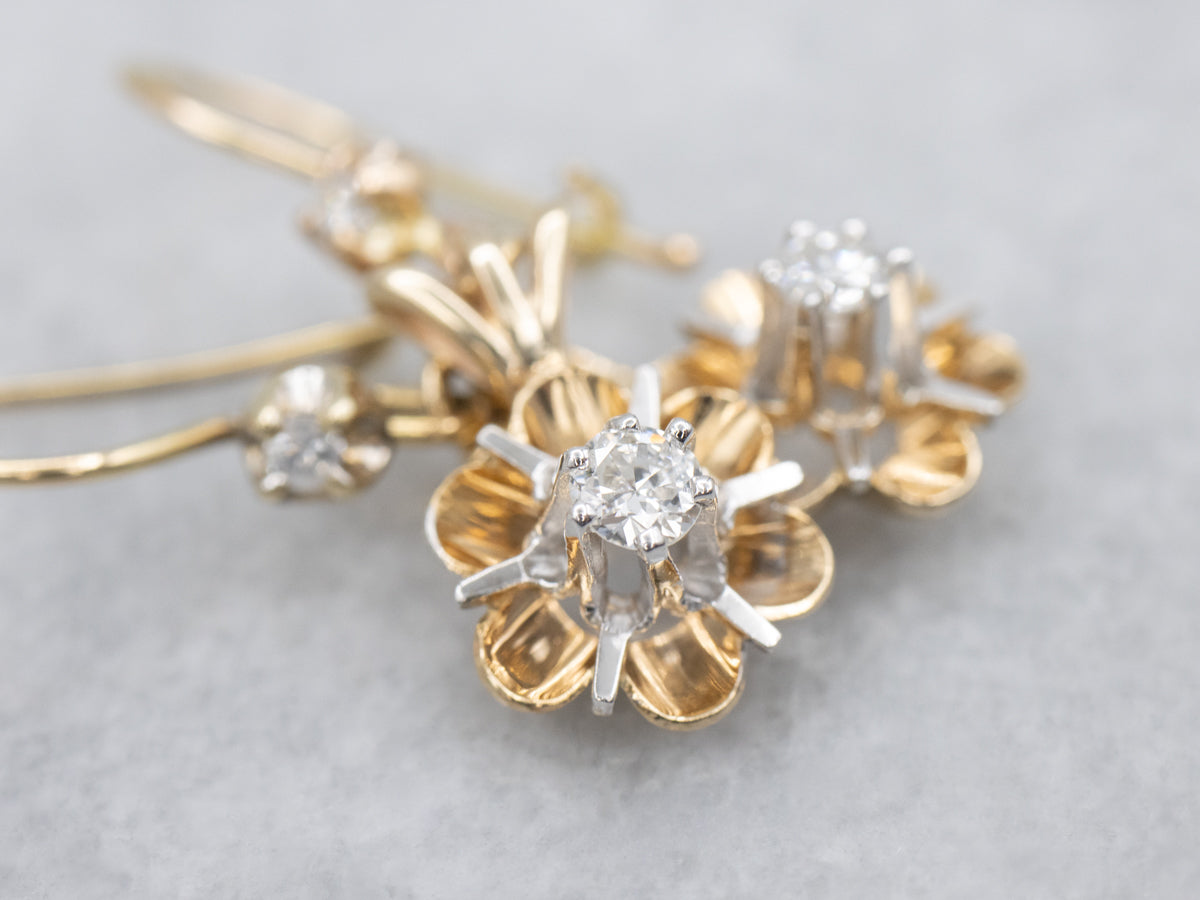 Two Tone Buttercup Set Diamond Drop Earrings