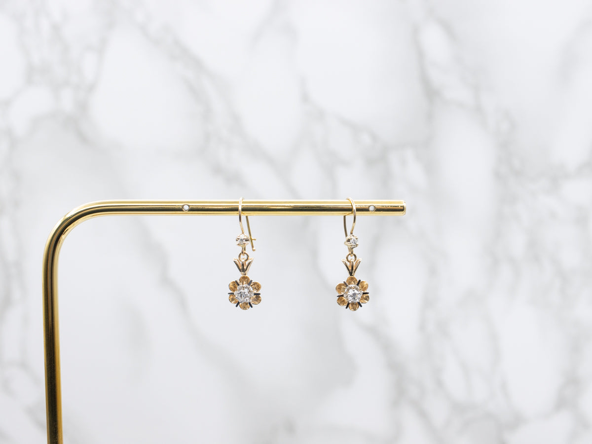 Two Tone Buttercup Set Diamond Drop Earrings