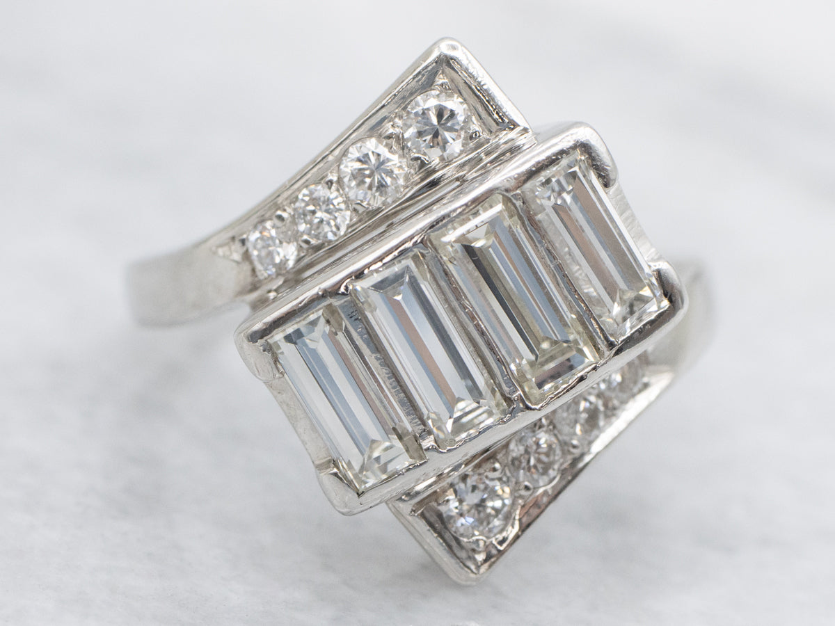 Baguette and Round Cut Diamond Platinum Bypass Ring