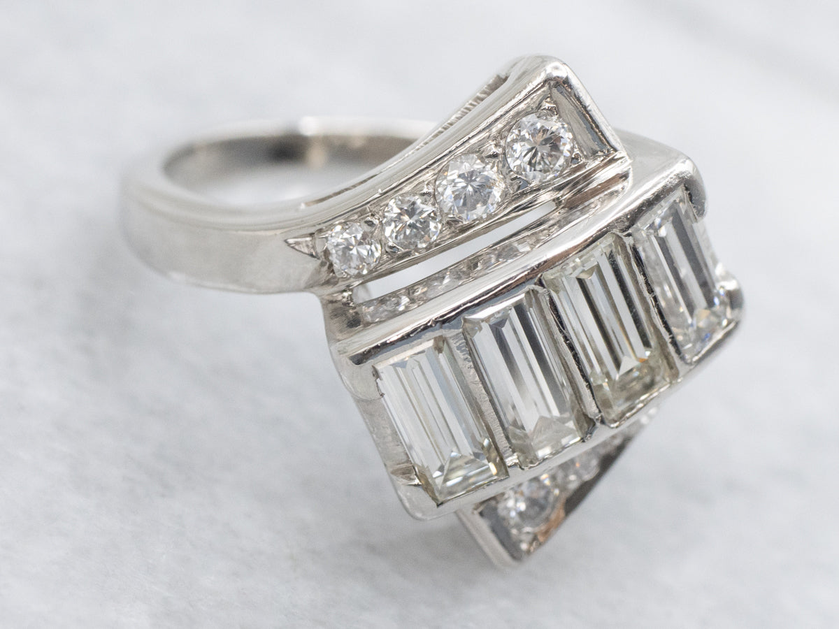 Baguette and Round Cut Diamond Platinum Bypass Ring