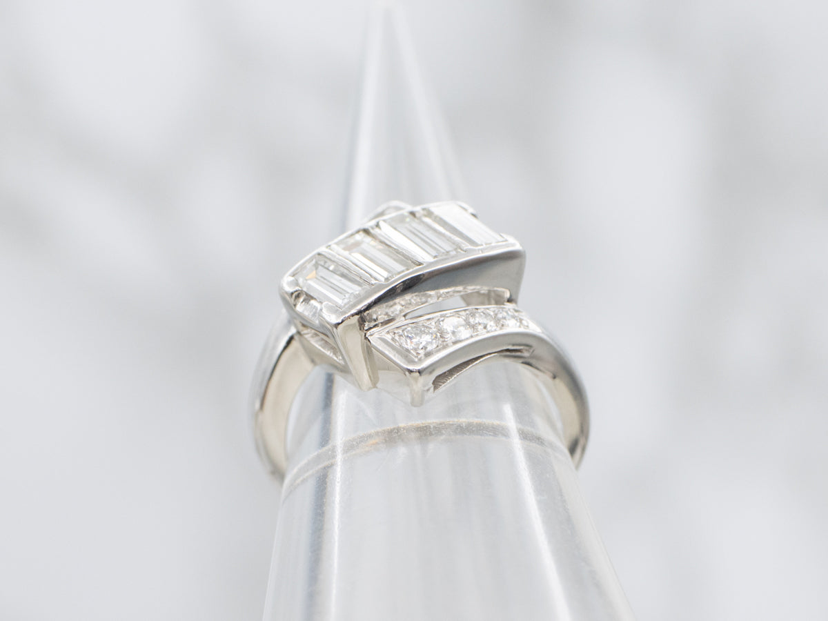 Baguette and Round Cut Diamond Platinum Bypass Ring