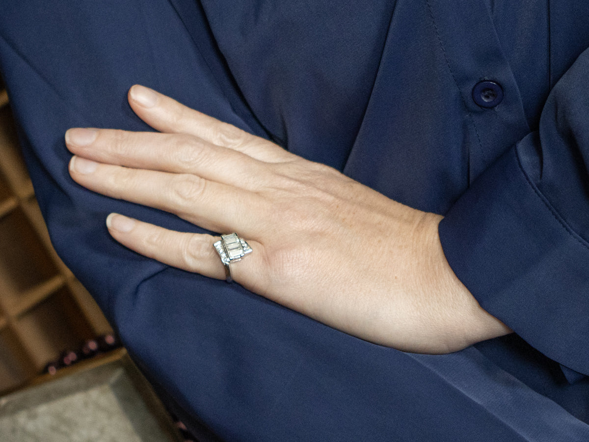 Baguette and Round Cut Diamond Platinum Bypass Ring