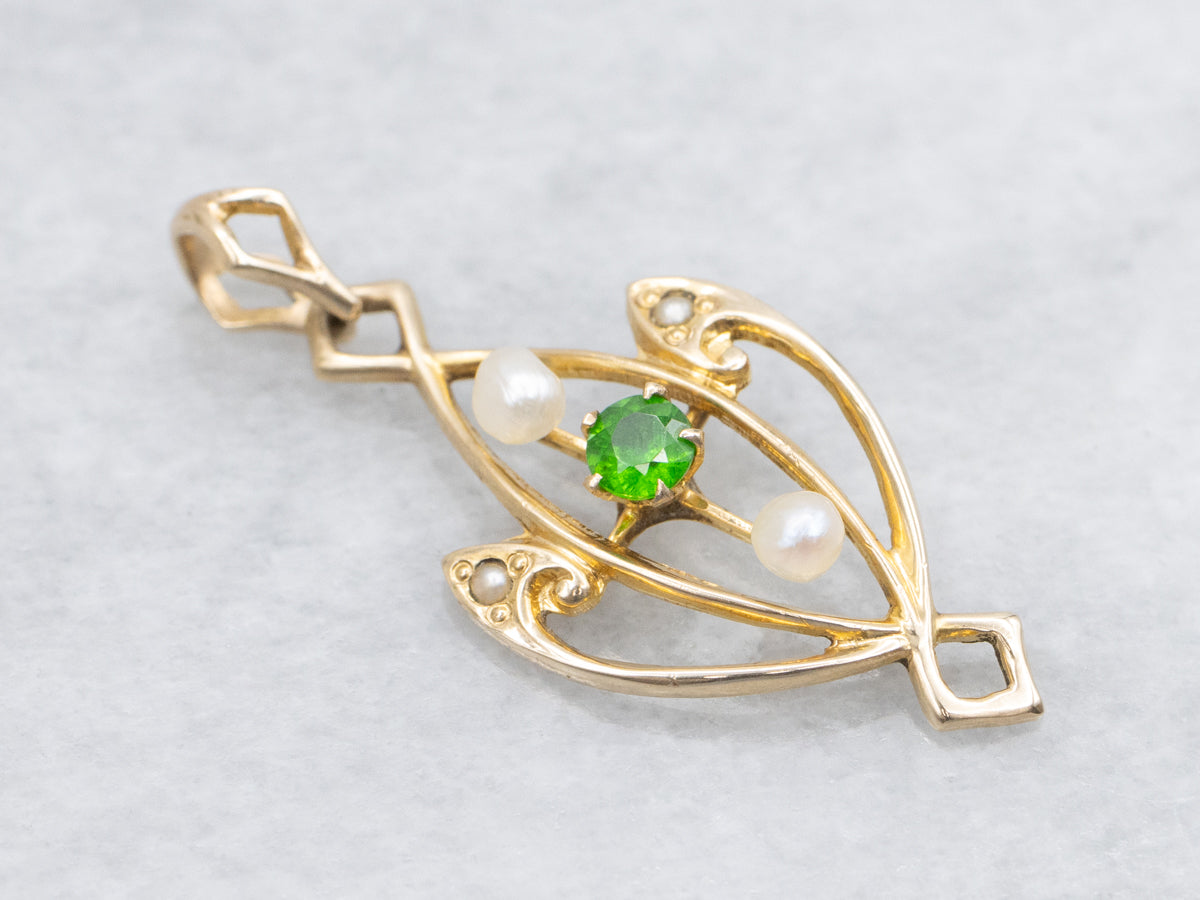 Antique Demantoid Garnet and Pearl Lavalier Pendant