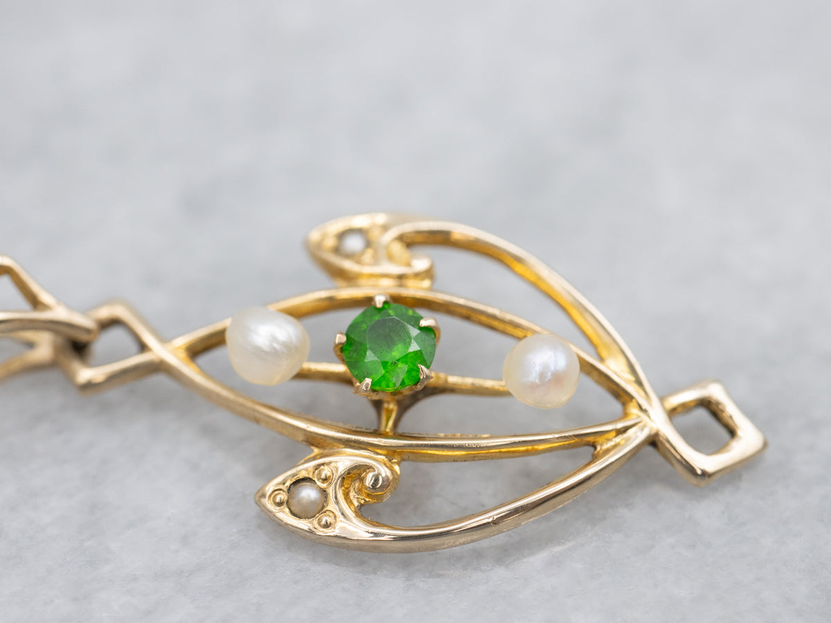 Antique Demantoid Garnet and Pearl Lavalier Pendant