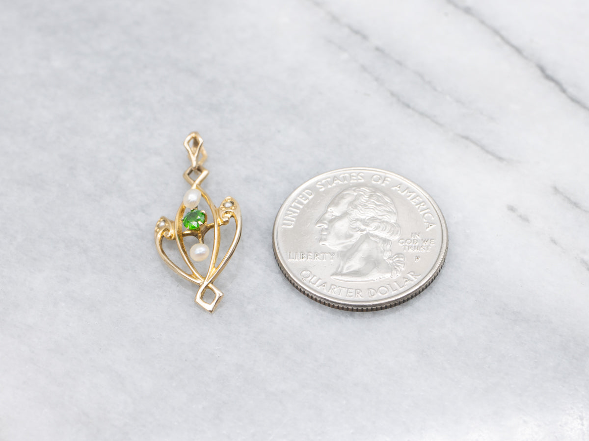 Antique Demantoid Garnet and Pearl Lavalier Pendant