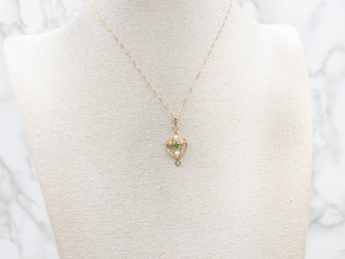 Antique Demantoid Garnet and Pearl Lavalier Pendant