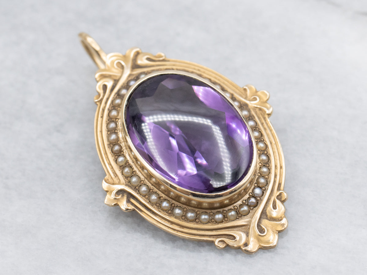 Antique Amethyst Cabochon and Seed Pearl Halo Pendant