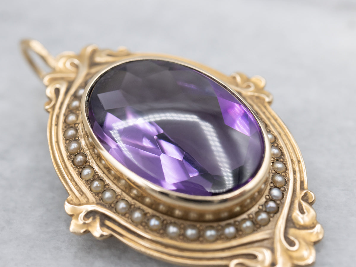 Antique Amethyst Cabochon and Seed Pearl Halo Pendant