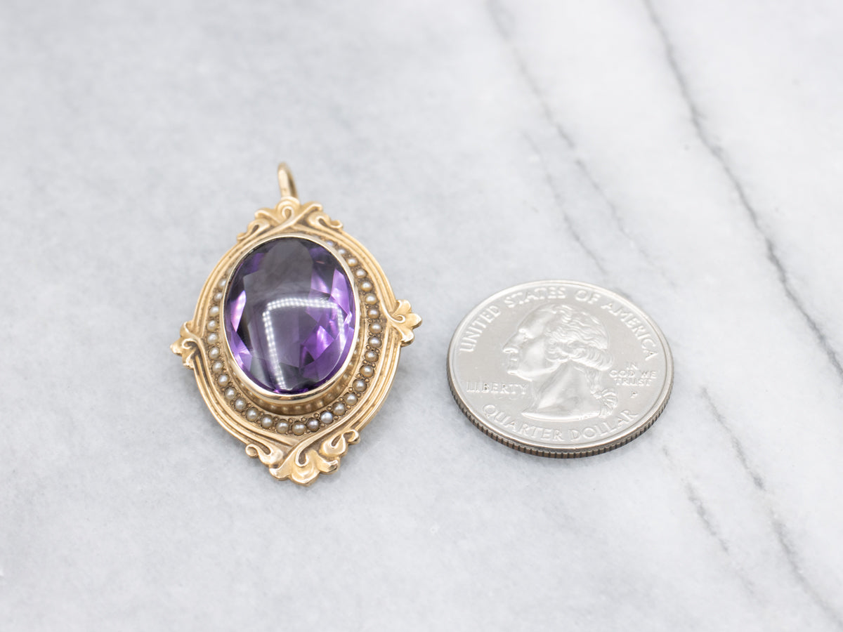 Antique Amethyst Cabochon and Seed Pearl Halo Pendant