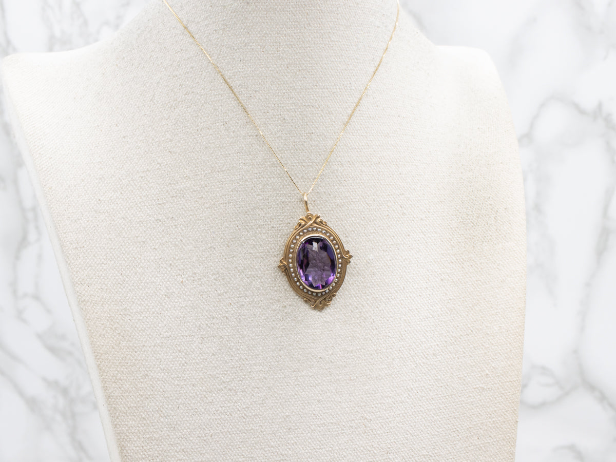 Antique Amethyst Cabochon and Seed Pearl Halo Pendant