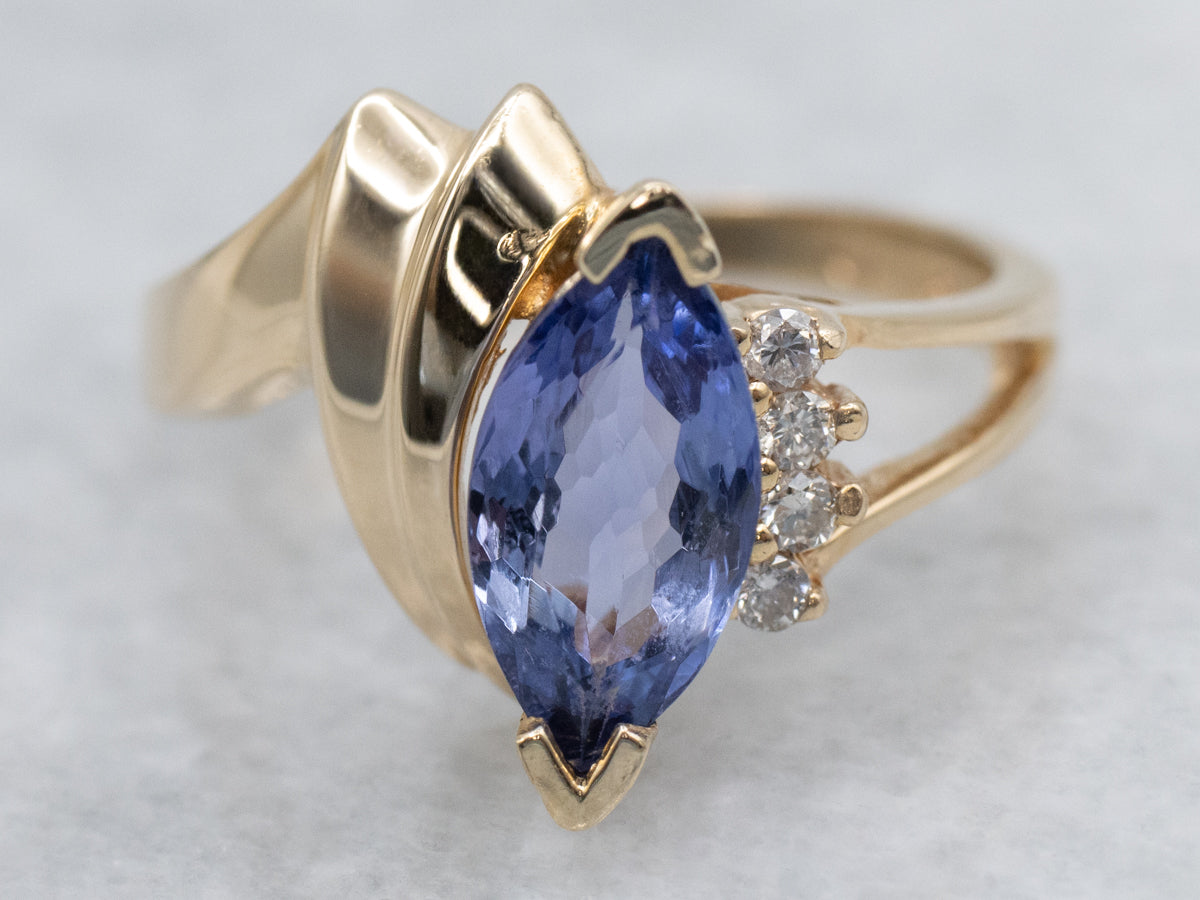 Marquise-Cut Tanzanite and Diamond Gold Bypass Ring