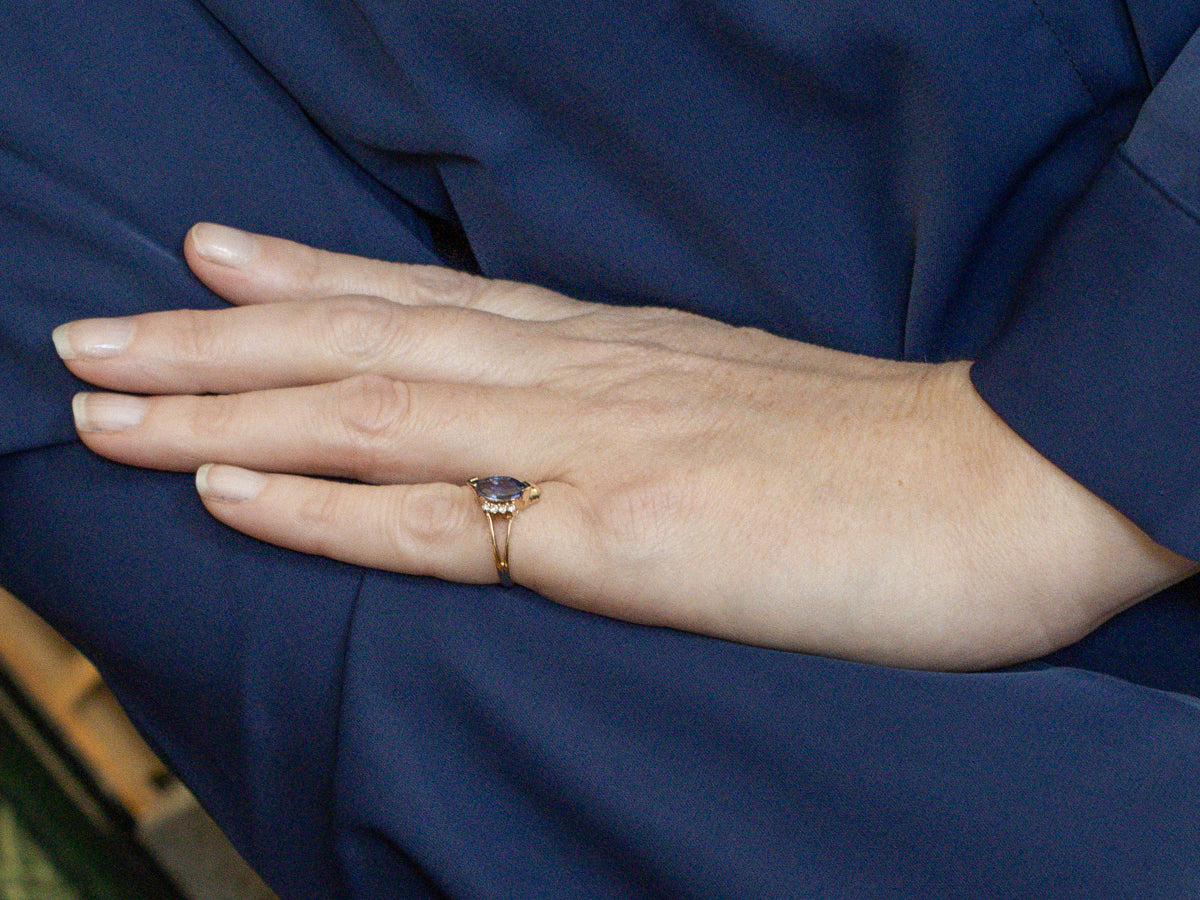 Marquise-Cut Tanzanite and Diamond Gold Bypass Ring