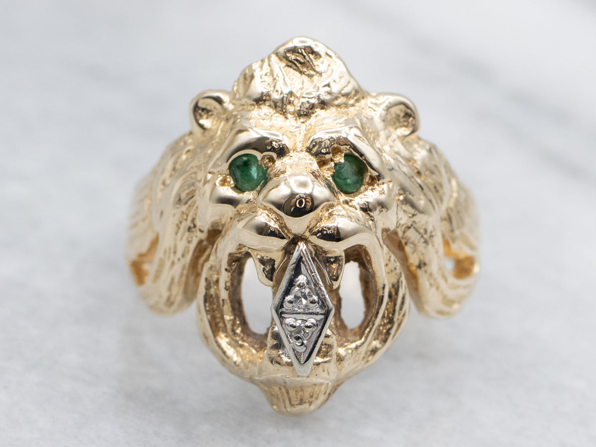 Emerald Diamond and Gold Lion Ring