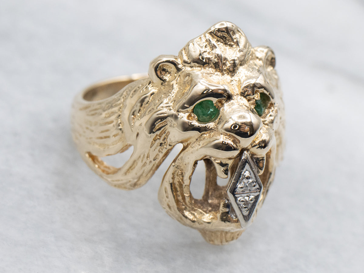 Emerald Diamond and Gold Lion Ring
