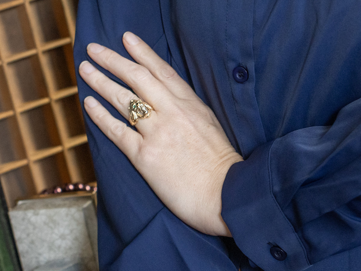 Emerald Diamond and Gold Lion Ring