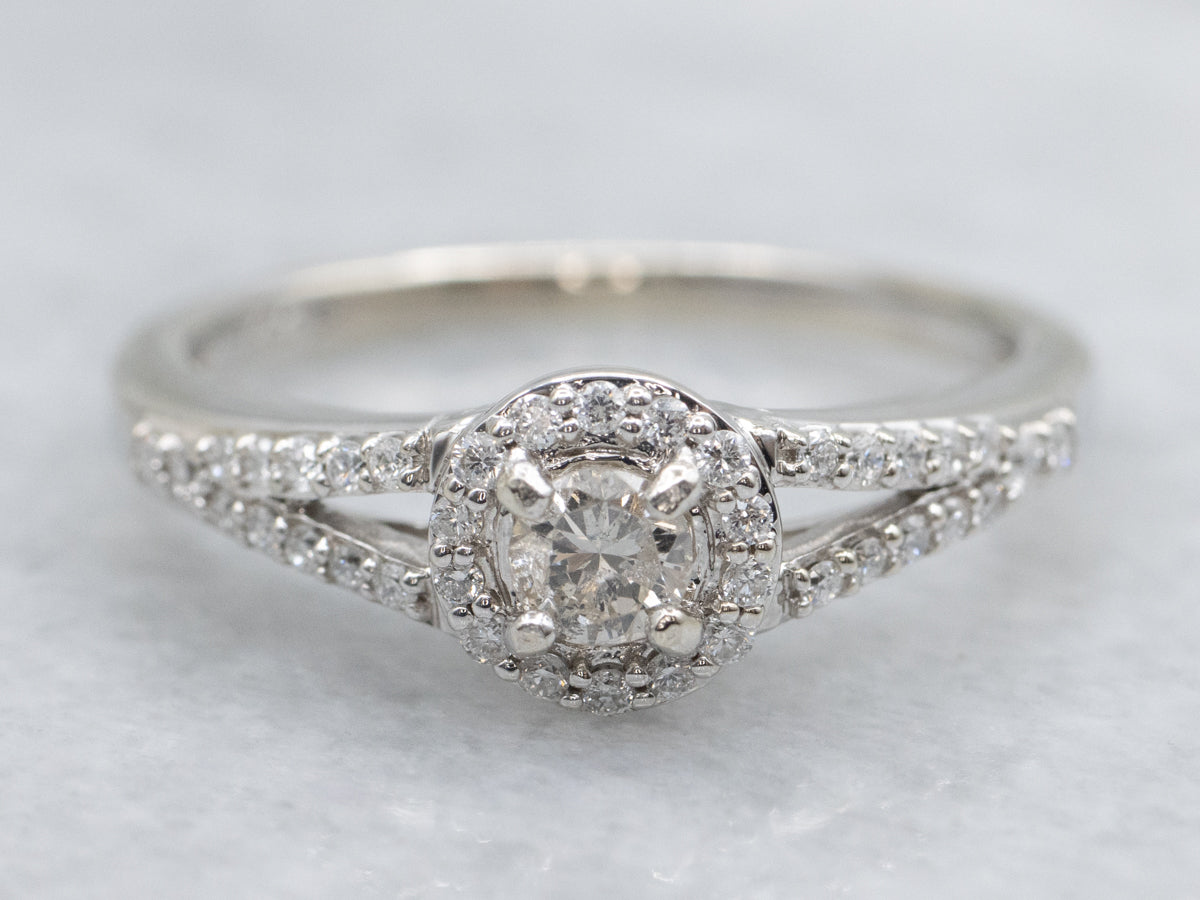 Modern Brilliant Cut Diamond Halo Engagement Ring with Split Shank
