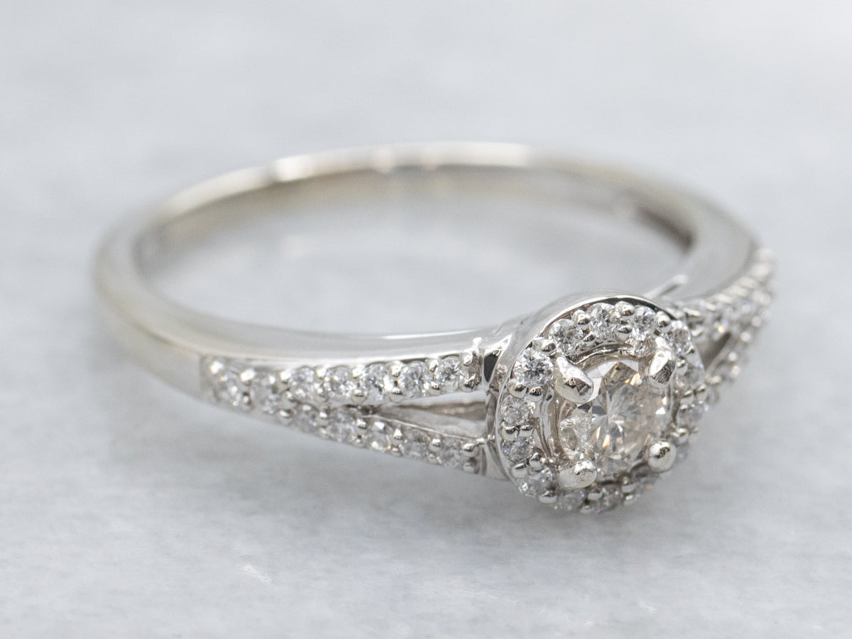 Modern Brilliant Cut Diamond Halo Engagement Ring with Split Shank