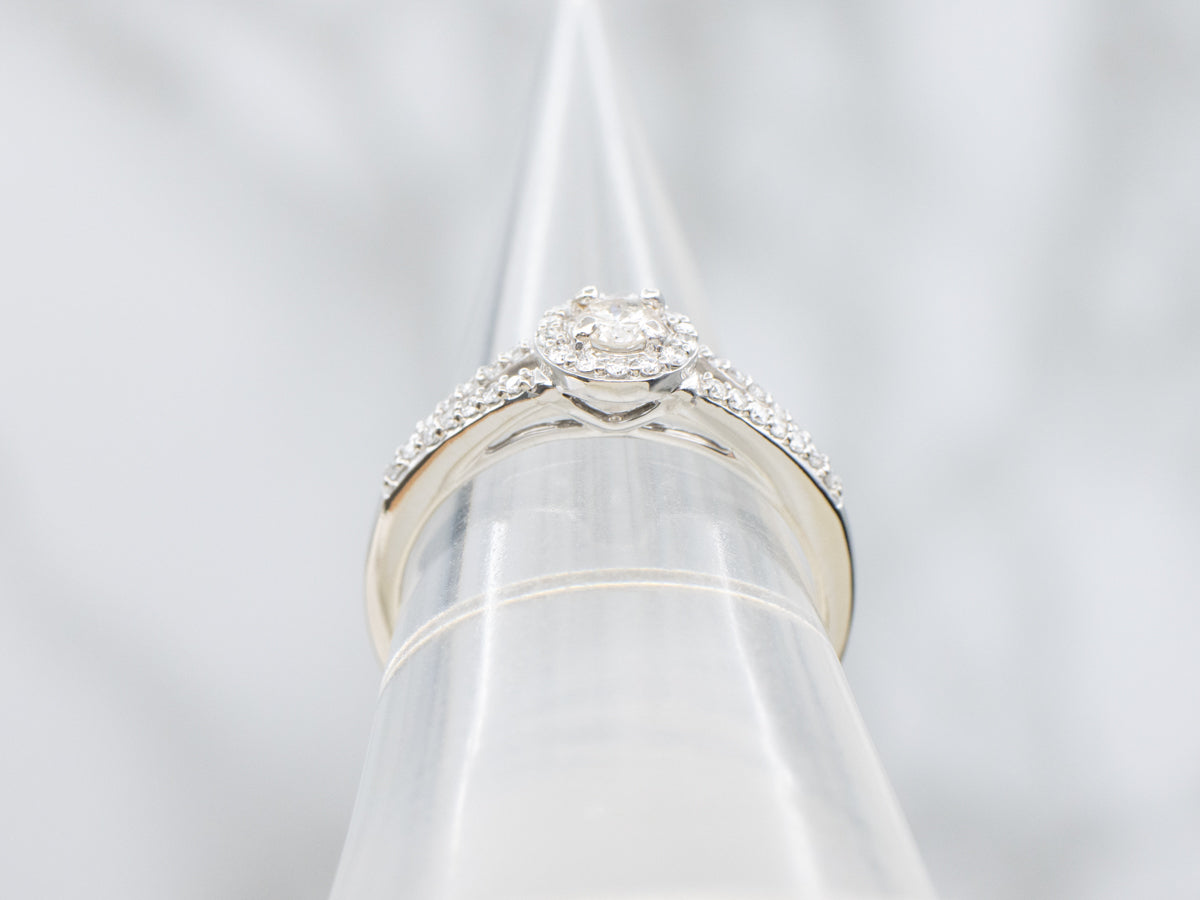 Modern Brilliant Cut Diamond Halo Engagement Ring with Split Shank