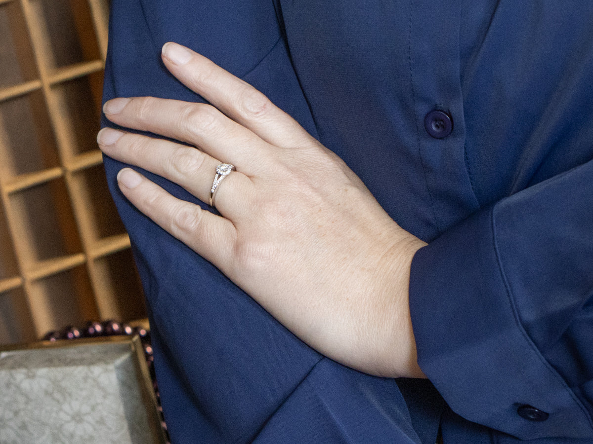 Modern Brilliant Cut Diamond Halo Engagement Ring with Split Shank