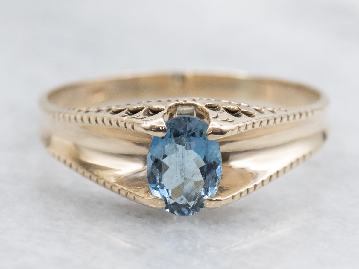Victorian Aquamarine Solitaire Ring in Etched Gold