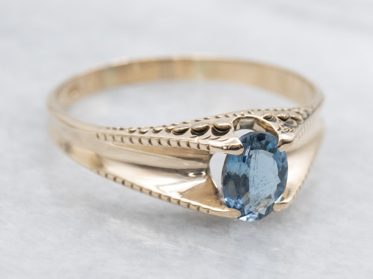 Victorian Aquamarine Solitaire Ring in Etched Gold