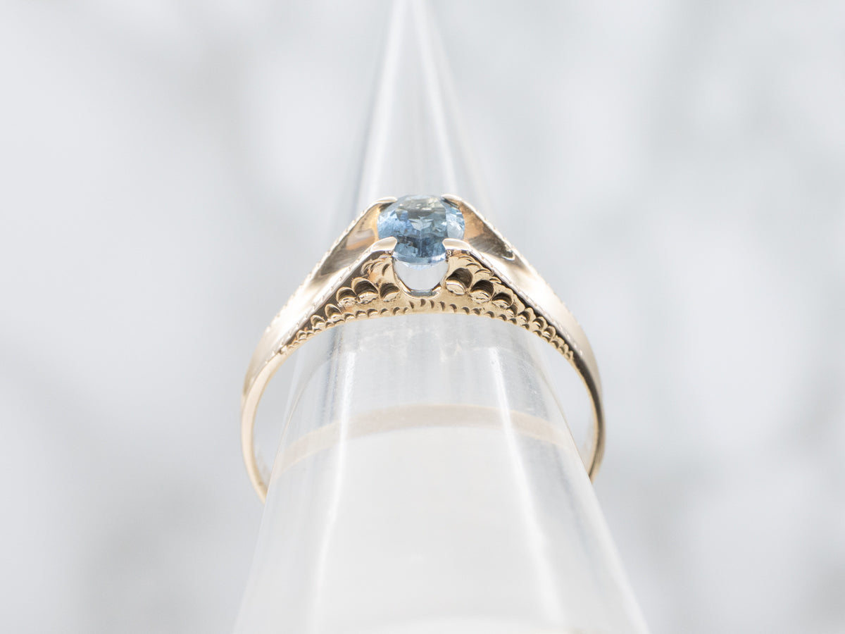 Victorian Aquamarine Solitaire Ring in Etched Gold