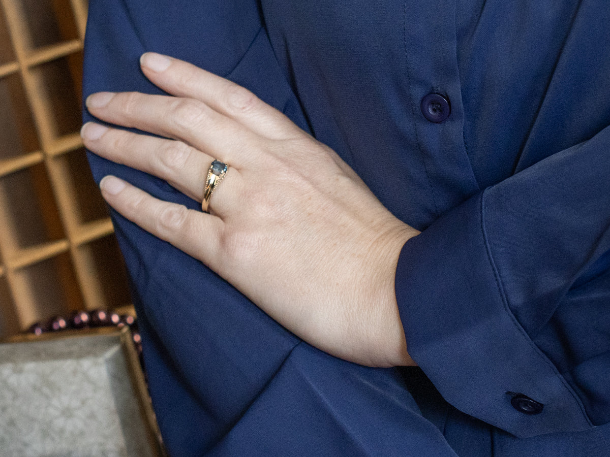 Victorian Aquamarine Solitaire Ring in Etched Gold