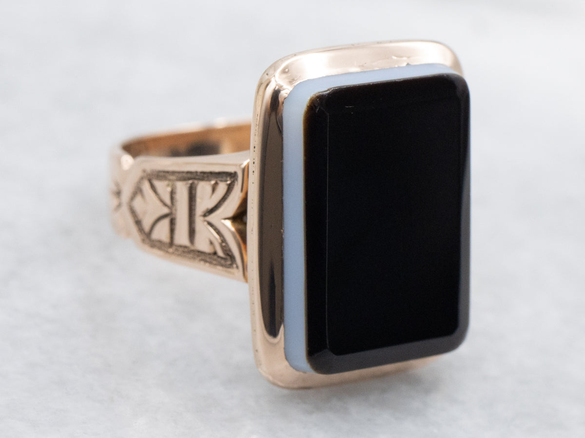 Victorian Banded Onyx Engraved Gold Ring