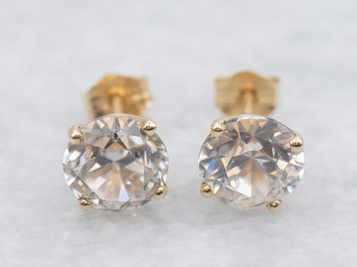 White Zircon Solitaire Gold Stud Earrings