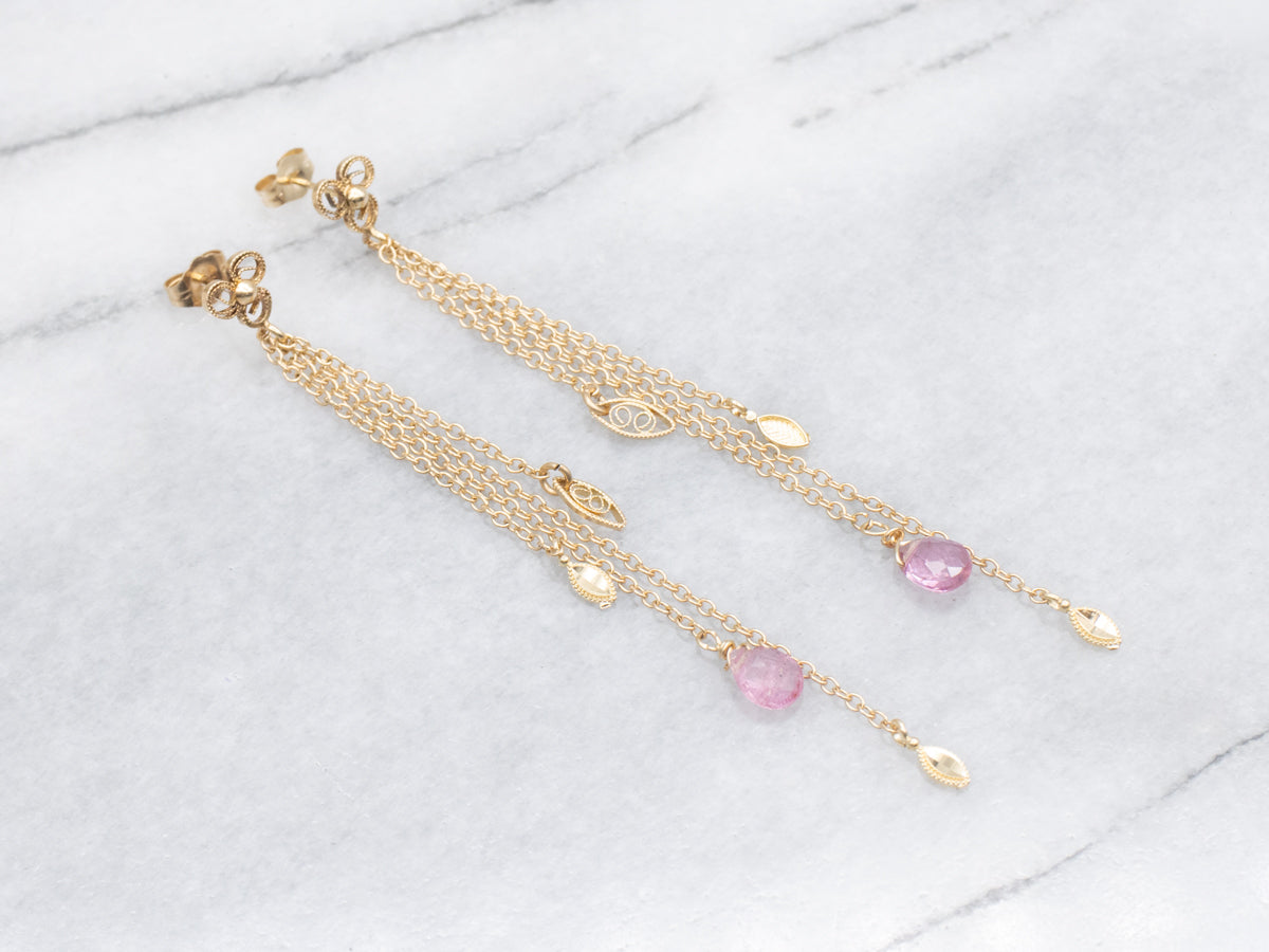 Briolette-Cut Pink Tourmaline Gold Tassel Drop Earrings