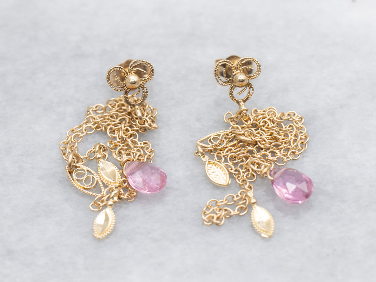 Briolette-Cut Pink Tourmaline Gold Tassel Drop Earrings