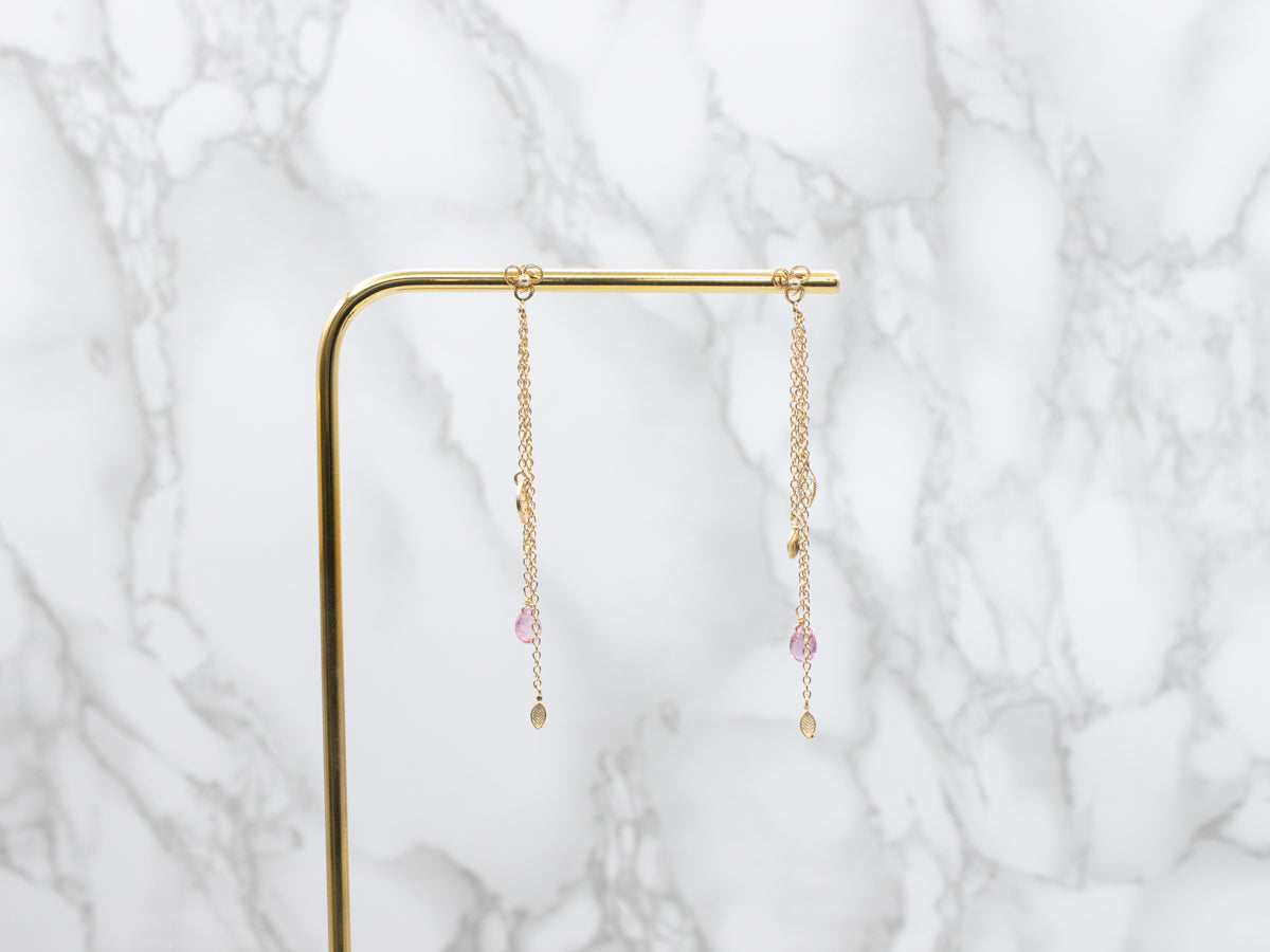Briolette-Cut Pink Tourmaline Gold Tassel Drop Earrings