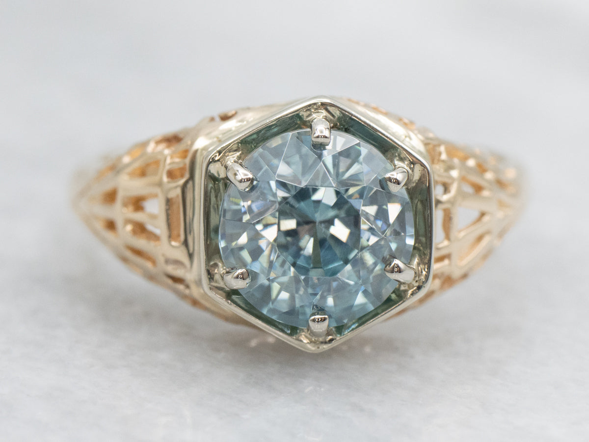Two Tone Blue Zircon Solitaire Filigree Ring