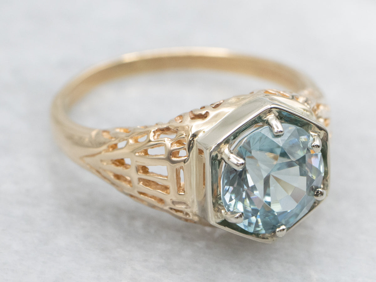 Two Tone Blue Zircon Solitaire Filigree Ring