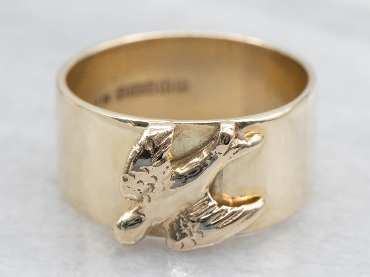 Wide Gold Band with Swallow Center