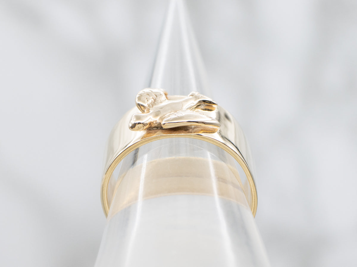 Wide Gold Band with Swallow Center