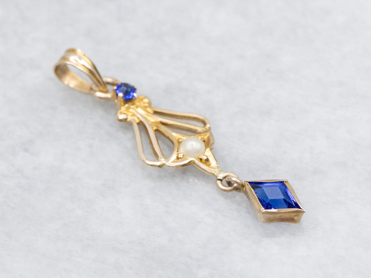 Antique Blue Glass and Seed Pearl Gold Lavalier Pendant