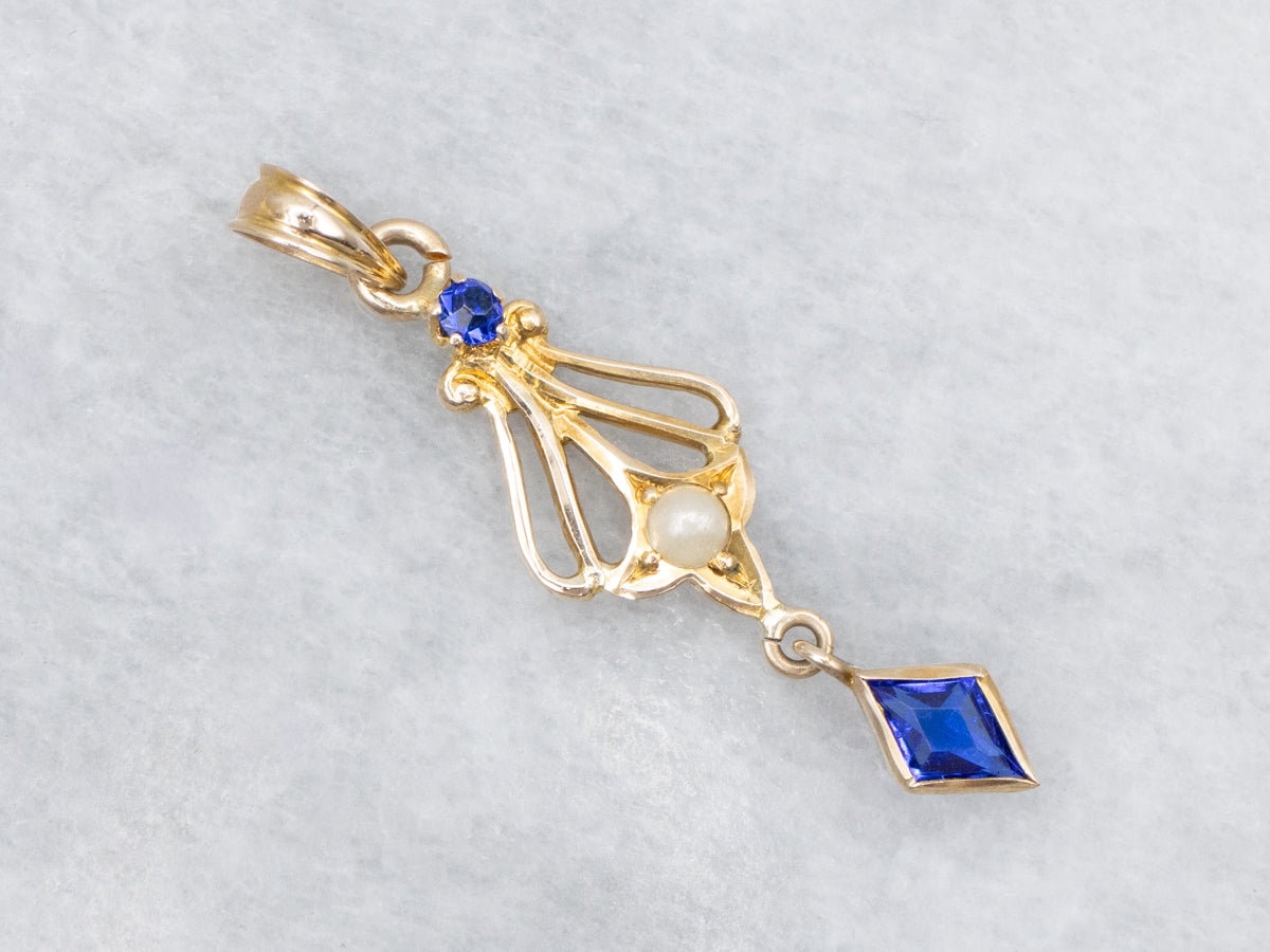 Antique Blue Glass and Seed Pearl Gold Lavalier Pendant
