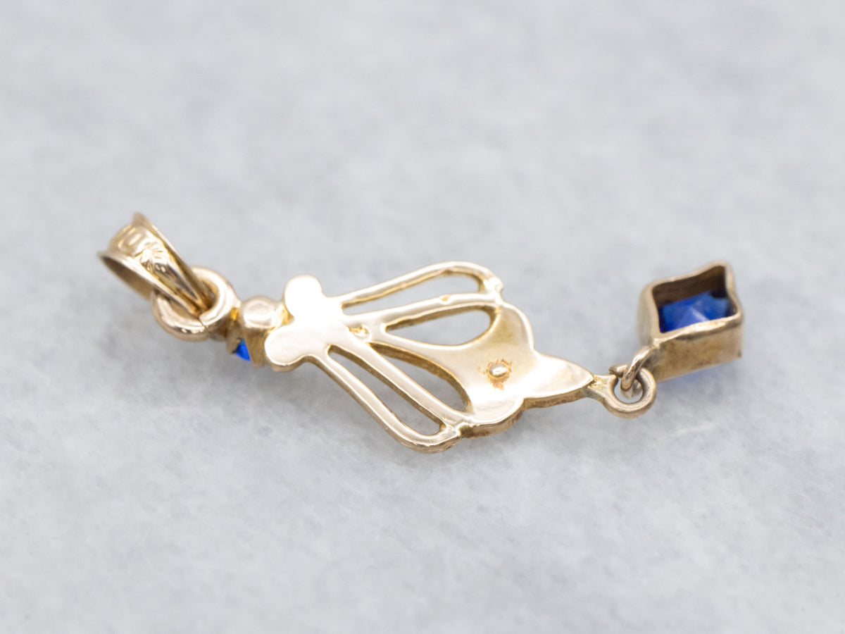 Antique Blue Glass and Seed Pearl Gold Lavalier Pendant
