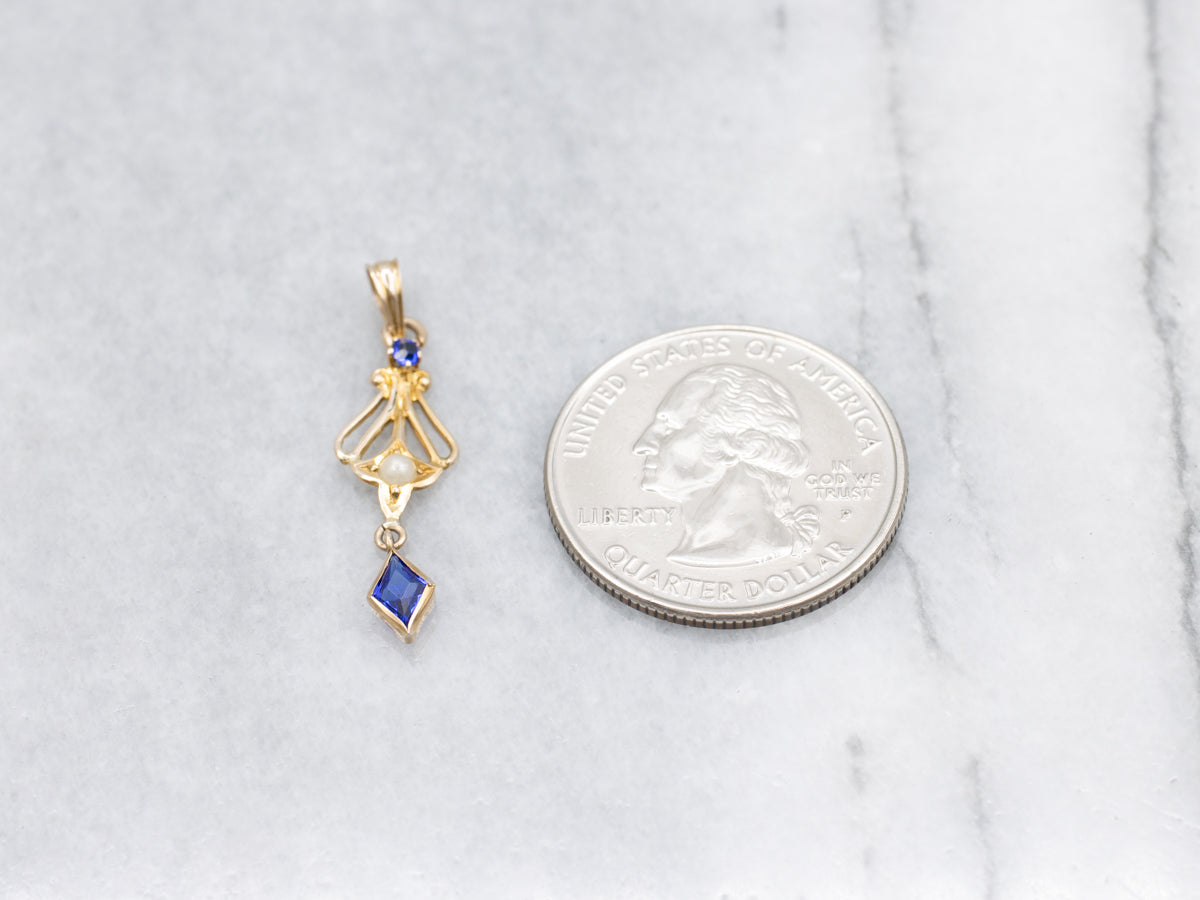 Antique Blue Glass and Seed Pearl Gold Lavalier Pendant