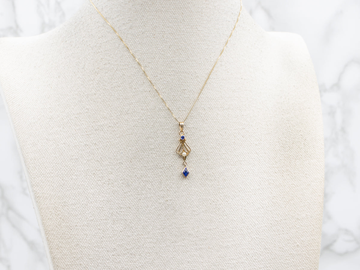 Antique Blue Glass and Seed Pearl Gold Lavalier Pendant