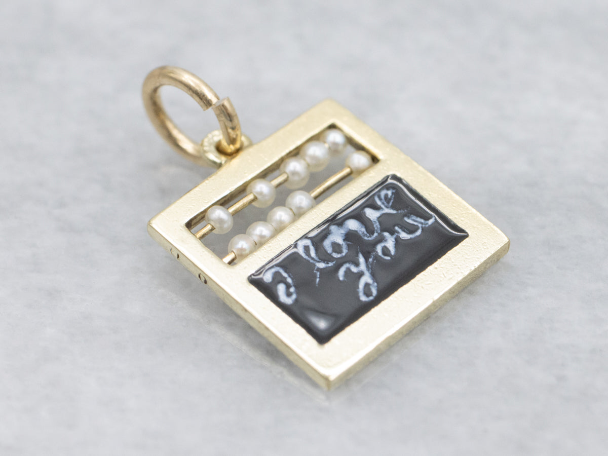 Gold &quot;I Love You&quot; Enamel and Seed Pearl Chalkboard Abacus Charm