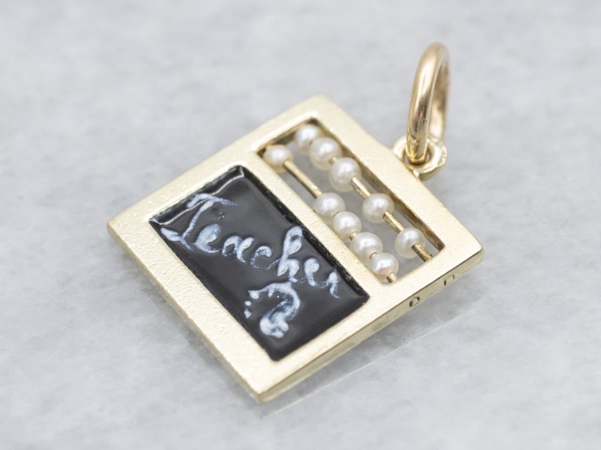 Gold "I Love You" Enamel and Seed Pearl Chalkboard Abacus Charm