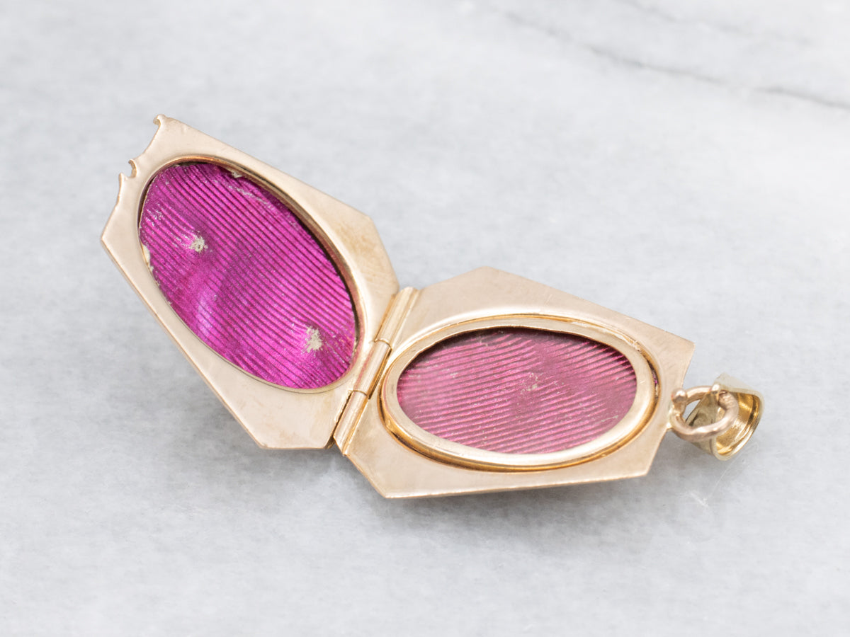 Antique Pink Glass Doublet and Pearl Engraved Gold Locket