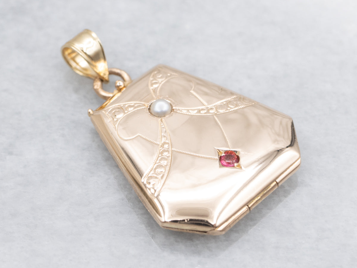 Antique Pink Glass Doublet and Pearl Engraved Gold Locket