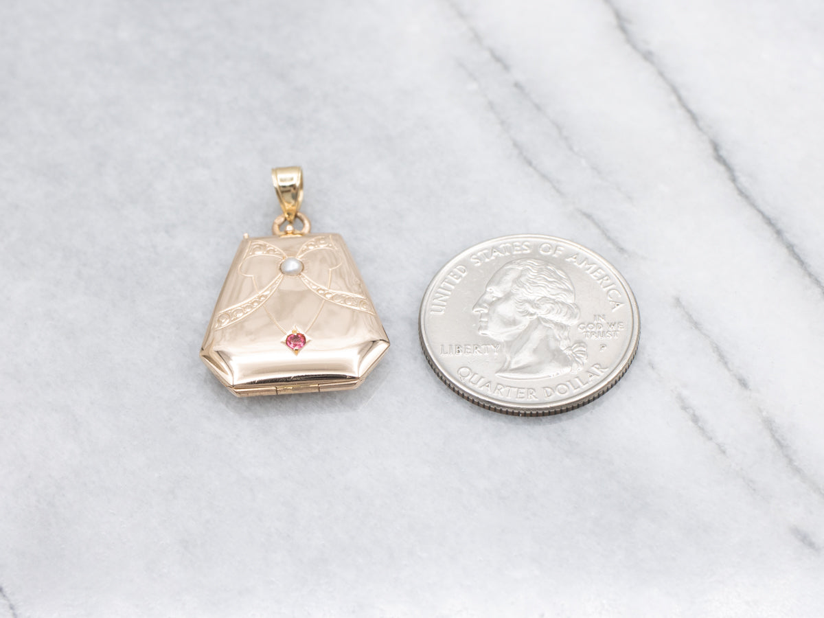 Antique Pink Glass Doublet and Pearl Engraved Gold Locket