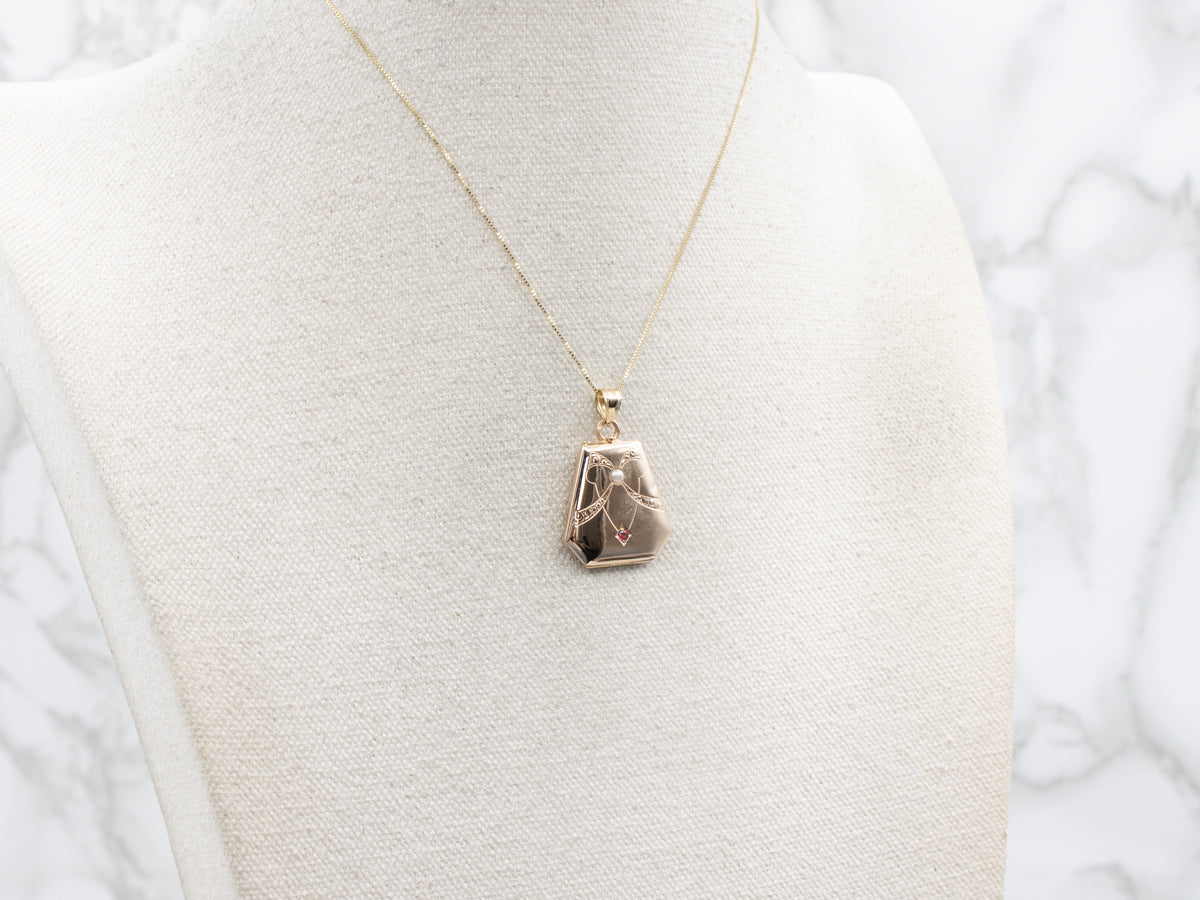 Antique Pink Glass Doublet and Pearl Engraved Gold Locket