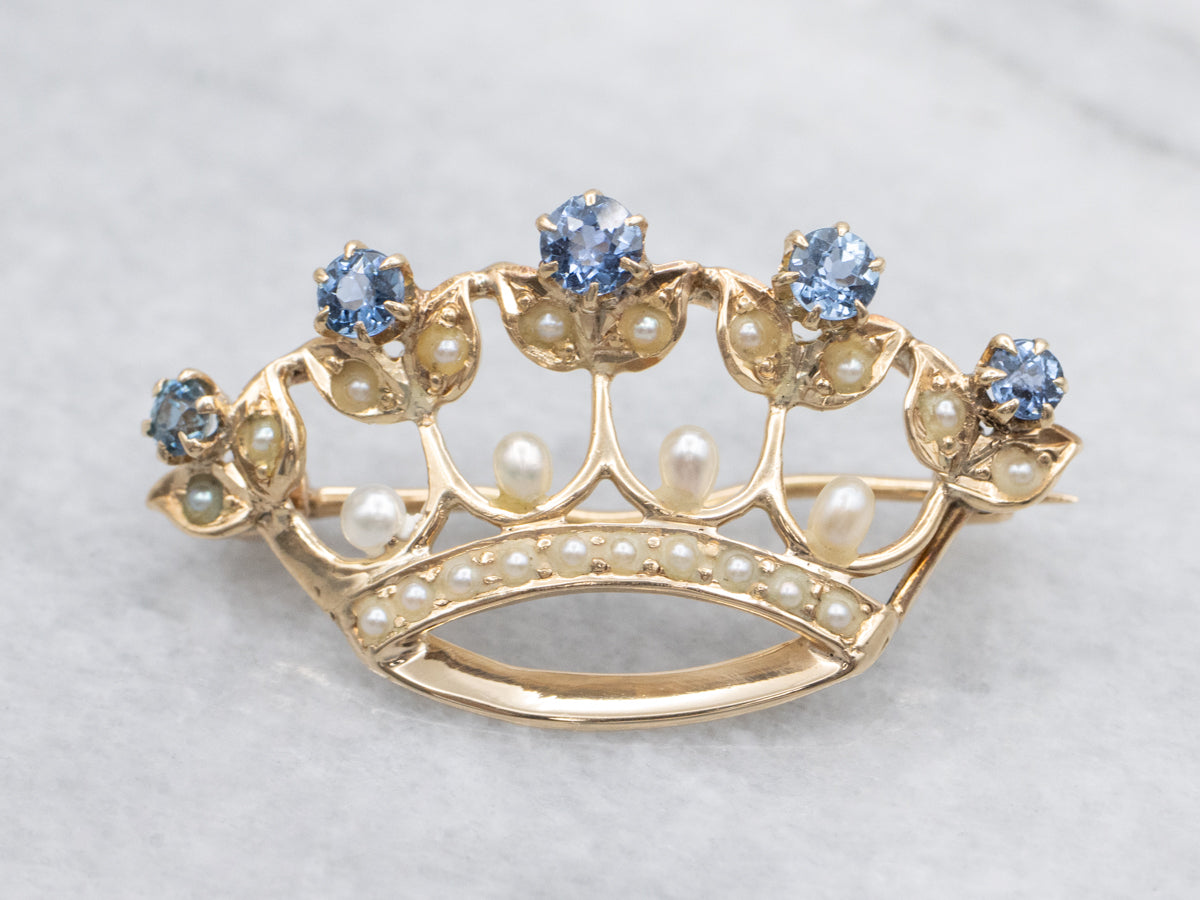 Antique Gold Sapphire and Seed Pearl Crown Brooch
