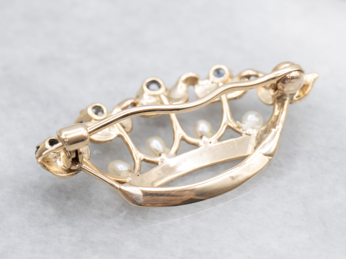 Antique Gold Sapphire and Seed Pearl Crown Brooch